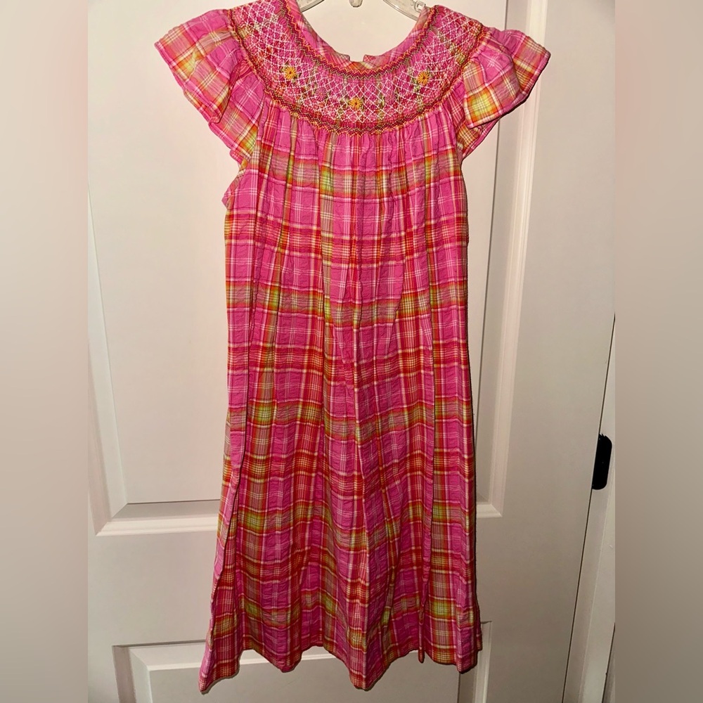 Girls' Pink Plaid Smocked Casual Dress with Flutter Sleeves